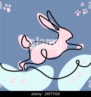 A stylized image of a jumping rabbit with one solid line with color spots in trendy shades. Line art. Isolate. Good for banner, wallpaper, poster or card, greeting and invitation, label, price. EPS Stock Vector