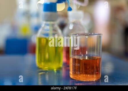 laboratory glasses with colorful liquids Stock Photo
