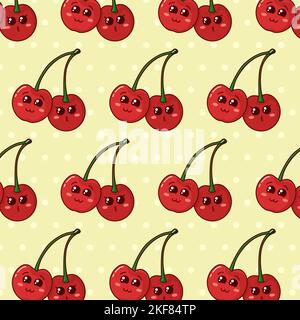 Seamless pattern with cartoon Cherries on backdrop Stock Vector
