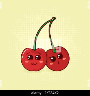 Cute and funny cartoon Cherries on yellow backdrop Stock Vector