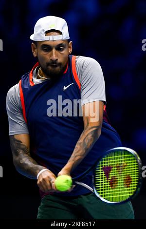 Turin, Italy. 16 November 2022. Nick Kyrgios of Australia plays a backhand shot during his round robin match with Thanasi Kokkinakis of Australia against Ivan Dodig of Croatia and Austin Krajicek of USA during day four of the Nitto ATP Finals. Thanasi Kokkinakis and Nick Kyrgios won the match 3-6, 6-4, 10-6. Credit: Nicolò Campo/Alamy Live News Stock Photo