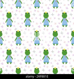 Cute cartoon frog in a crown and a dragonfly. Cheerful vector illustration.  Stock Vector