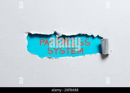 Text caption presenting Paperless System. Business showcase storage or communication of information in electronic form Stock Photo