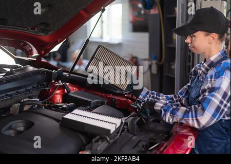 Caucasian female auto mechanic changes the engine air filter in the car. Stock Photo