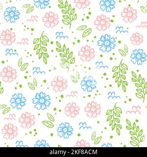 ABSTRACT FLORAL Fabric With Pink And Light Blue Flowers And Green Branches On White Background Cartoon Blooming Nature Seamless Pattern Vector Illustr Stock Vector