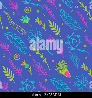 ABSTRACT HERBS Fabric With Pink And Light Blue Plants And Green Branches On Blue Background Hand Drawn Cartoon Blooming Nature Seamless Pattern Vector Stock Vector