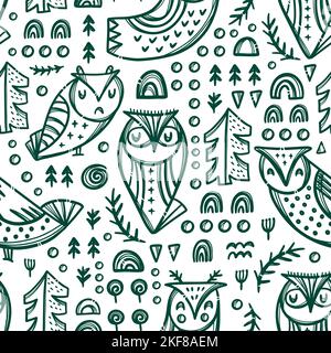 ABSTRACT GREEN OWLS Variations Of Night Bird With Trees And Other Plants On White Backgroung Cartoon Hand Drawn Seamless Pattern Vector Illustration F Stock Vector