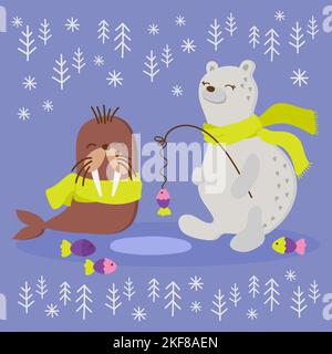 ALASKA WALRUS Winter Fishing Polar Bear Comic Funny Animal Flat Design Cartoon Hand Drawn Vector Illustration Set For Print Stock Vector