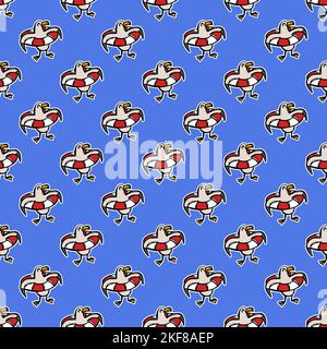 ALBATROSS AND LIFEBUOY Cartoon Hand Drawn Picture Seamless Pattern Cute Bird For Design Vector Illustration On Blue Background Fairy Tale For Print Stock Vector