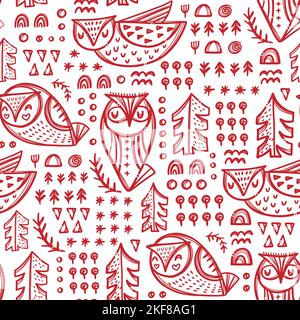 ABSTRACT OWLS Forest Bird Variations With Trees And Other Plants In Red Color On White Backgroung Hand Drawn Seamless Pattern Vector Illustration For Stock Vector