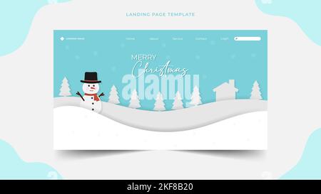 Christmas snowman Landing page template for season celebration blue white backgrounds, Paper cut web page design concept layout for website vector Stock Vector