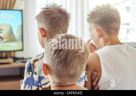 Brothers sitting in hotel room together watch cartoons on TV. Siblings enjoy spending summer holidays relaxing in hotel room and watching movies Stock Photo