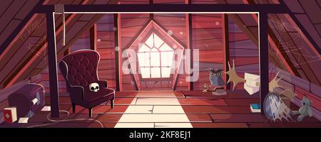 Old house attic with vintage furniture, toys and books. Wooden mansard room with window, spiderweb and flying dust. Garret interior with chair, chest, elk horns, vector cartoon illustration Stock Vector