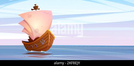 Old wooden ship sailing in sea. Vector cartoon illustration of voyage boat with mast tower, white sails and anchor floating on calm rippling water surface under clear blue sky. Travel game scene Stock Vector