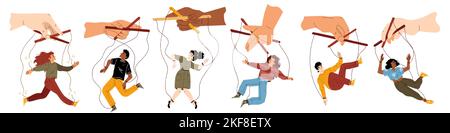 Set of people hang on ropes. Puppeteer hands controlling puppets. Manipulator playing with men and women. Characters being controlled by master, domination or authority Linear flat vector illustration Stock Vector