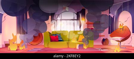 House room in fire. Flame and black smoke clouds inside of home interior, burning living room with blazing furniture, curtains and thick smog, dangerous accident, arson, Cartoon vector illustration Stock Vector