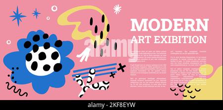 Modern art exhibition banner, invitation to artist exposition. Abstract contemporary background with colorful flowers, shapes and elements. Paint design, invite flyer to exhibit Vector illustration Stock Vector