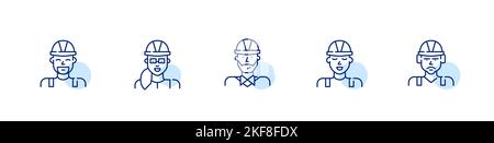Construction staff icons. Foreman, contractor, engineer and architect in hard hats. Pixel perfect, editable stroke Stock Vector