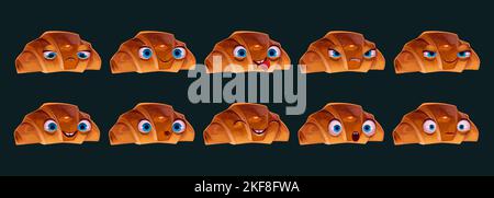 Cartoon croissant character with different emotions on face. Set of funny baked buns with big eyes and mouth happy, smiling, sad, angry, scared, surprised, crazy. Bakery emoji vector illustration Stock Vector
