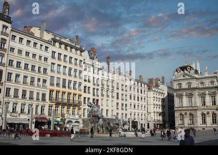 Place des Terreaux in Lyon  France in 2010 with the 19th-century fountain sculpted by Frédéric-Auguste Bartholdi (of Statue of Liberty fame) Stock Photo