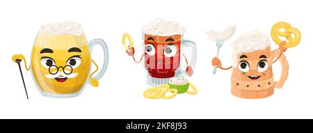 Glass of beer character emoji vector set. Funny cartoon emoticons. Funny glass pint, mug and jar mascot isolated on white background Stock Vector