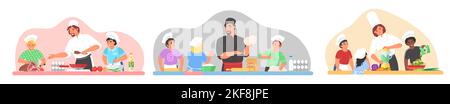 Kids cooking class flat vector illustration. Making soup, pancake, salad, baking culinary lesson scene isolated on white background Stock Vector