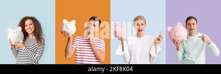 Set of people with big piggy banks on colorful background Stock Photo