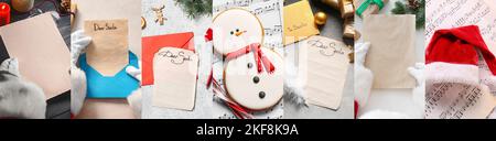 Festive collage with Santa Claus with letters, Christmas cookie and music notes Stock Photo