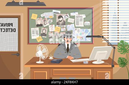 Serious private detective at office workspace vector. Cartoon investigator sitting at table desk illustration. Searching evidences concept Stock Vector