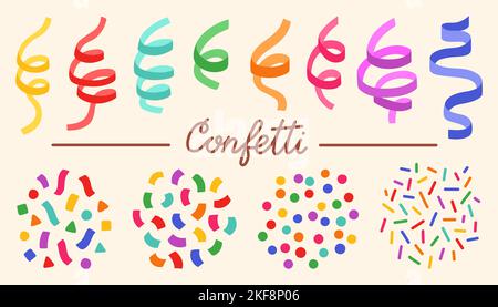 Serpentine carnival ribbons and confetti set vector. Colorful paper streamers isolated for gift, greeting design. Stock Vector