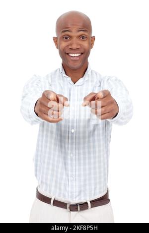You are AWESOME. Studio portrait of a young african american man pointing two fingers at the camera and smiling. Stock Photo
