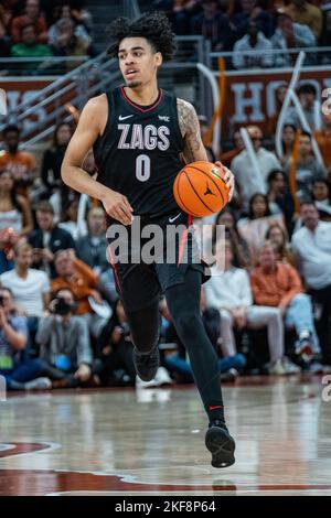 Texas, USA. 16th Nov, 2022. Julian Strawther #0 of the Gonzaga Bulldogs ...