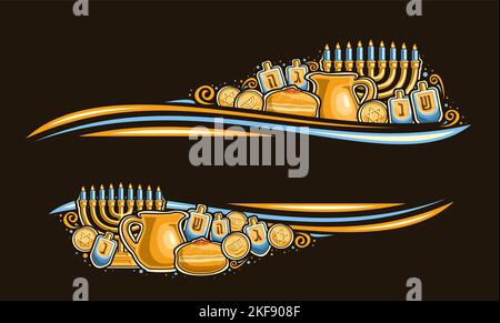 Vector border for Hanukkah with empty copyspace for congratulation text, decorative greeting card with illustration of gold menorah, blue burning cand Stock Vector