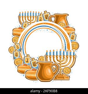 Vector frame for Hanukkah with blank copy space for greeting text, decorative sign with illustration of gold candle holder, 4 dreidel, sweet sufganiyo Stock Vector