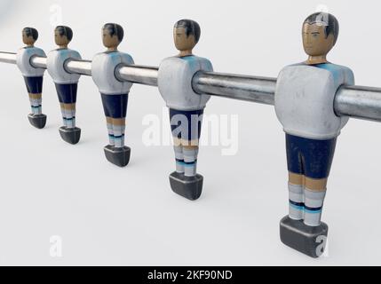 A single line of worn figurines from a vintage foosball or table football table styled in kit resembling the England national team - 3D render Stock Photo