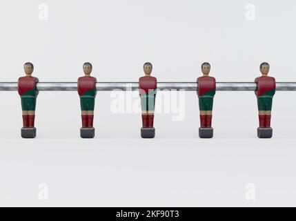 A single line of worn figurines from a vintage foosball or table football table styled in kit resembling the Portugal national team - 3D render Stock Photo