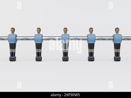 A single line of worn figurines from a vintage foosball or table football table styled in kit resembling the Uruguay national team - 3D render Stock Photo