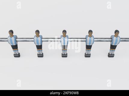 A single line of worn figurines from a vintage foosball or table football table styled in kit resembling the Argentina national team - 3D render Stock Photo