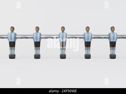 A single line of worn figurines from a vintage foosball or table football table styled in kit resembling the Argentina national team - 3D render Stock Photo