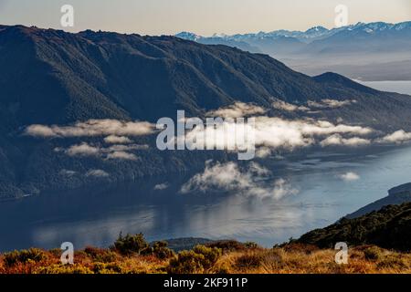 Clouds over South Fiord viewed from the Kepler Track, Fiordland National Park, Southland, south island, Aotearoa / New Zealand. Stock Photo