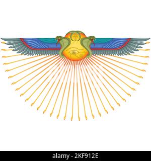 Vector design of Winged Sun with cobras, symbol of ancient Egypt, Winged Sun, eye of horus, ankh cross Stock Vector