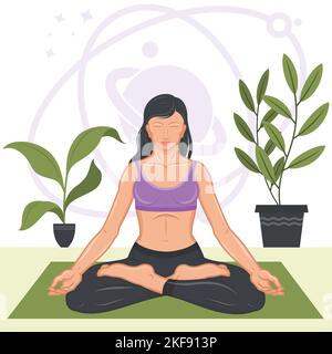 Meditating woman. Girl in lotus position practicing yoga, vector  illustration Stock Vector Image & Art - Alamy