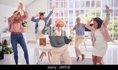 Success, dance and office celebration by business people celebrating ...