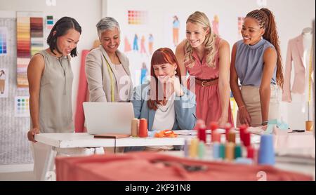 Business people, laptop and fashion meeting for marketing, clothing or ecommerce at the office. Group of employee designers working on computer for Stock Photo