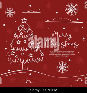 Pine Tree Snowflakes Merry Christmas Greeting Red Card Design Stock Vector