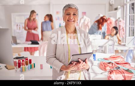 Fashion, designer and senior woman proud of small business, startup and creative space for team. Portrait, fashion designer and elderly lady excited Stock Photo