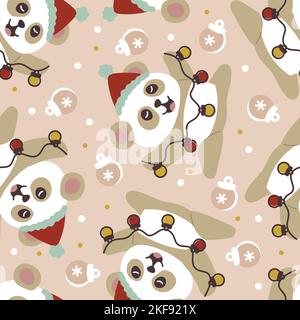 Seamless christmas pattern cute panda wearing santa hat with garland Stock Vector