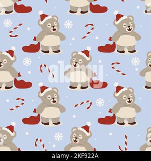 Seamless christmas pattern cute teddy bear in santa hat and sack with gifts Stock Vector