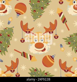 Seamless Christmas pattern deer and Christmas trees Stock Vector