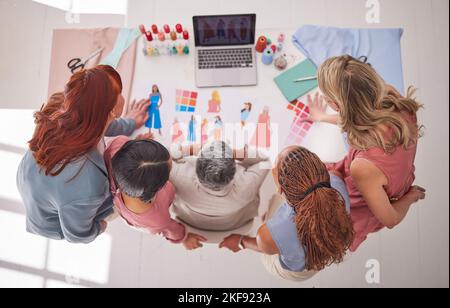 Creative business people, fashion and design above in meeting for planning, collaboration or decision at the office. Group of employee designers in Stock Photo